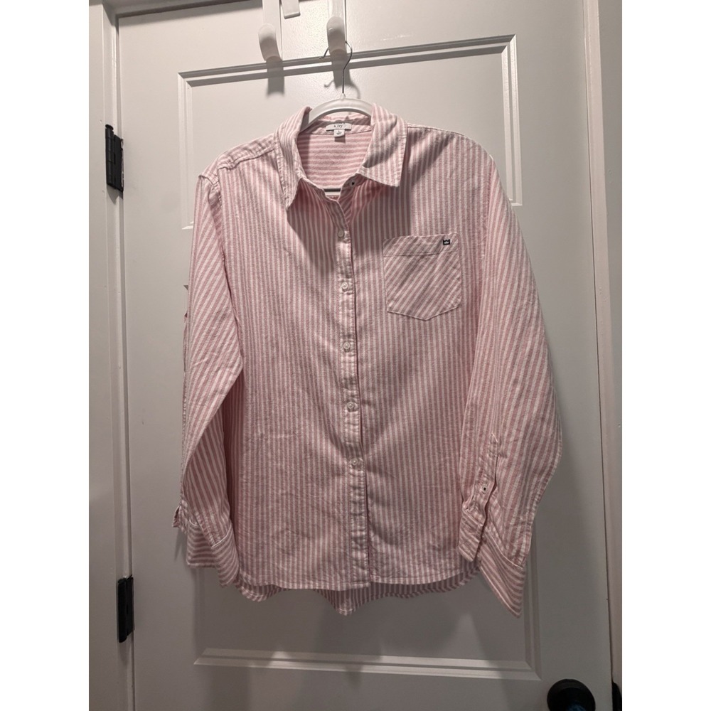 Crown and Ivy Women's Blouse Pink White Stripe 100% Cotton Button Down Large